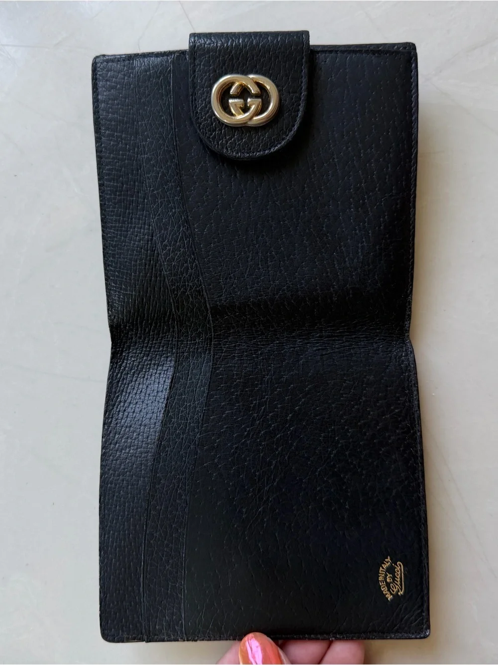 Vintage Gucci Black Leather Bifold Wallet with Red & Blue Web Stripe